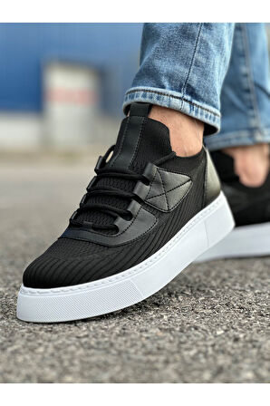 Pabucmarketi Bağcık Detaylı Triko Kumaş Erkek Spor Ayakkabı Siyah