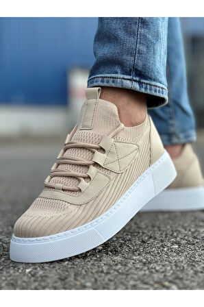 Pabucmarketi Bağcık Detaylı Triko Kumaş Erkek Spor Ayakkabı Bej