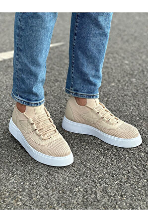 Pabucmarketi Bağcık Detaylı Triko Kumaş Erkek Spor Ayakkabı Bej