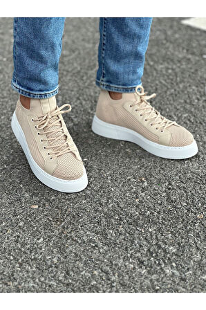 Pabucmarketi Bağcık Detaylı Triko Kumaş Erkek Spor Ayakkabı Bej