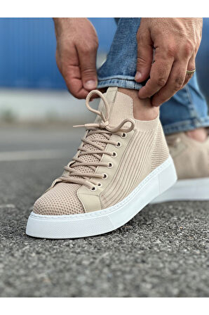 Pabucmarketi Bağcık Detaylı Triko Kumaş Erkek Spor Ayakkabı Bej