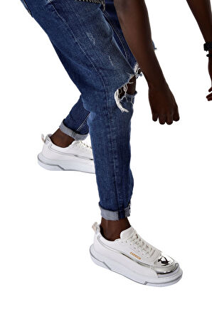 Pabucmarketi Bağcıklı Erkek Spor Ayakkabı Beyaz Gümüş