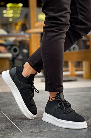 Pabucmarketi Bağcık Detaylı Triko Kumaş Erkek Spor Ayakkabı Siyah