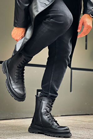 Pabucmarketi Fermuarlı Bağcık Detaylı Erkek Düz Bot Siyah