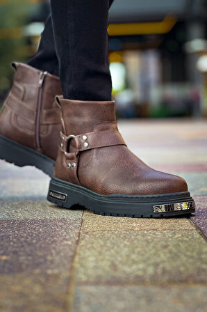 Pabucmarketi Fermuarlı Erkek Düz Bot Kahve