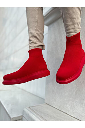 Pabucmarketi Düz Triko Erkek Sneaker Bot Kırmızı