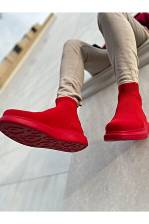 Pabucmarketi Düz Triko Erkek Sneaker Bot Kırmızı