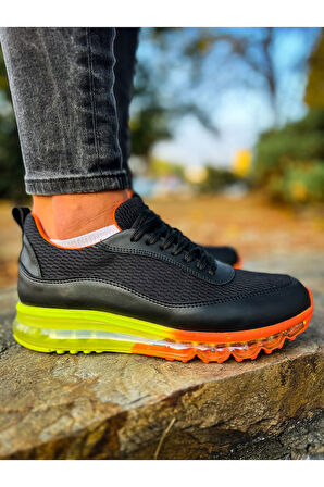 Pabucmarketi Bağcıklı Balon Taban Erkek Spor Ayakkabı Siyah Turuncu