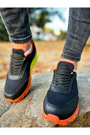 Pabucmarketi Bağcıklı Balon Taban Erkek Spor Ayakkabı Siyah Turuncu