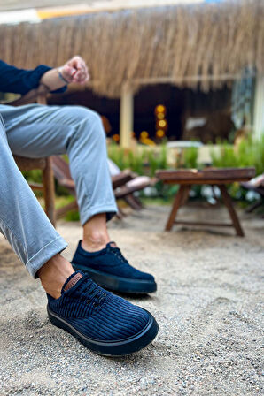 Pabucmarketi Bağcıklı Kadife Kumaş Erkek Günlük Ayakkabı Siyah