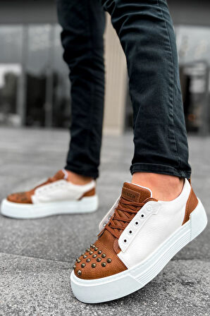 Pabucmarketi Bağcıklı Erkek Günlük Ayakkabı Taba Beyaz