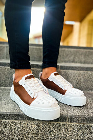 Pabucmarketi Bağcıklı Erkek Günlük Ayakkabı Beyaz Taba