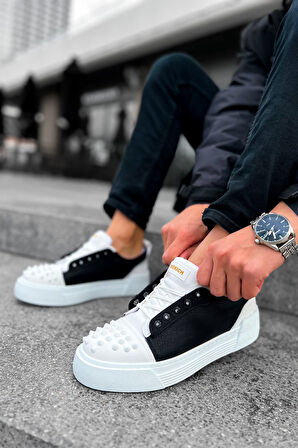 Pabucmarketi Bağcıklı Erkek Günlük Ayakkabı Beyaz Siyah