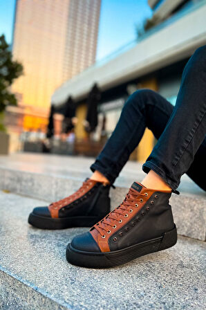 Pabucmarketi Fermuarlı Bağcık Detaylı Erkek Sneaker Bot Siyah Taba