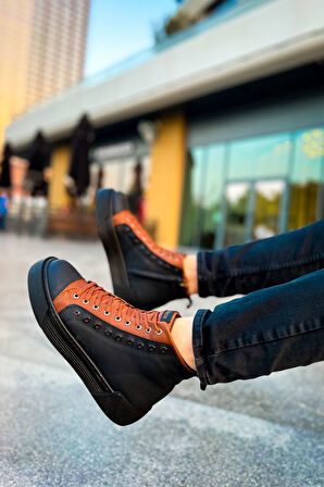 Pabucmarketi Fermuarlı Bağcık Detaylı Erkek Sneaker Bot Siyah Taba