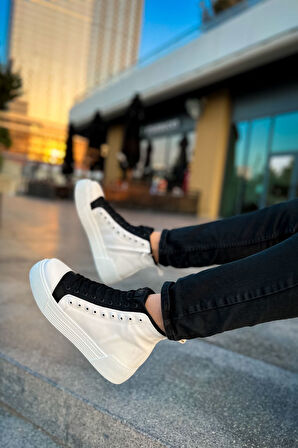 Pabucmarketi Fermuarlı Bağcık Detaylı Erkek Sneaker Bot Beyaz Siyah