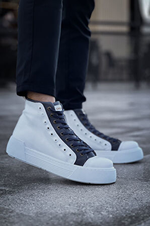 Pabucmarketi Fermuarlı Bağcık Detaylı Erkek Sneaker Bot Beyaz Antrasit