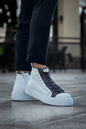 Pabucmarketi Fermuarlı Bağcık Detaylı Erkek Sneaker Bot Beyaz Antrasit