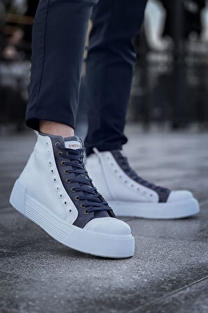 Pabucmarketi Fermuarlı Bağcık Detaylı Erkek Sneaker Bot Beyaz Antrasit