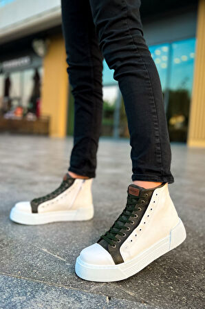 Pabucmarketi Fermuarlı Bağcık Detaylı Erkek Sneaker Bot Beyaz Haki