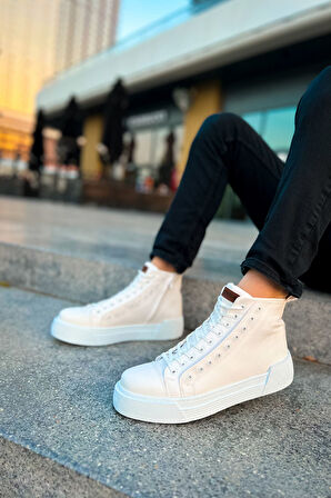 Pabucmarketi Fermuarlı Bağcık Detaylı Erkek Sneaker Bot Beyaz Beyaz