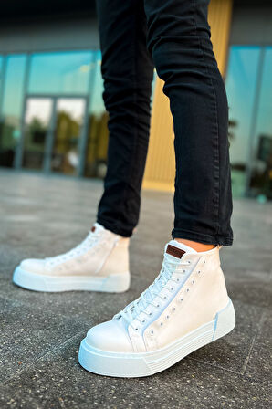 Pabucmarketi Fermuarlı Bağcık Detaylı Erkek Sneaker Bot Beyaz Beyaz