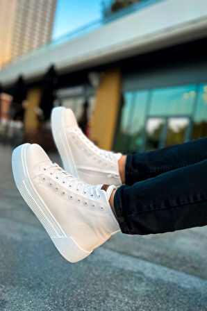 Pabucmarketi Fermuarlı Bağcık Detaylı Erkek Sneaker Bot Beyaz Beyaz