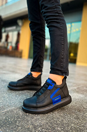 Pabucmarketi Bağcıklı Erkek Sneaker Bot Siyah Saks Mavi