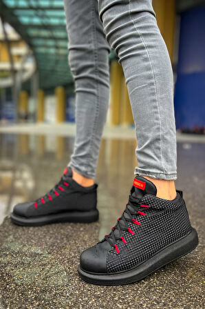 Pabucmarketi Bağcıklı Erkek Sneaker Bot Siyah Kırmızı