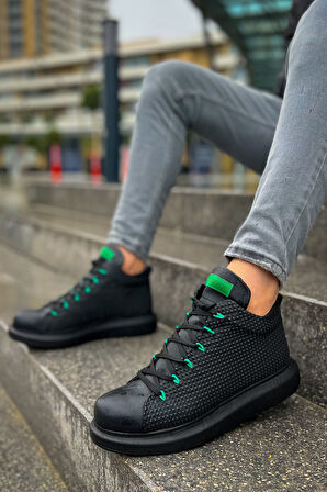 Pabucmarketi Bağcıklı Erkek Sneaker Bot Siyah Yeşil