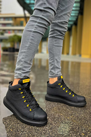 Pabucmarketi Bağcıklı Erkek Sneaker Bot Siyah Sarı