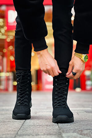 Pabucmarketi Fermuarlı Bağcık Detaylı Erkek Sneaker Bot Siyah