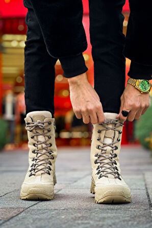 Pabucmarketi Fermuarlı Bağcık Detaylı Erkek Sneaker Bot Kum