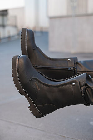 Pabucmarketi Fermuarlı Erkek Düz Bot Siyah