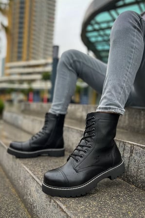 Pabucmarketi Fermuarlı Bağcık Detaylı Erkek Worker Bot Siyah