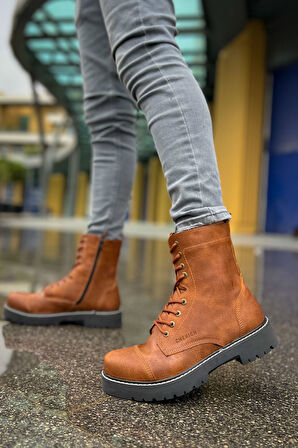 Pabucmarketi Fermuarlı Bağcık Detaylı Erkek Worker Bot Taba