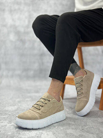 Pabucmarketi Bağcıklı Erkek Günlük Ayakkabı KREM (BEYAZ TABAN)