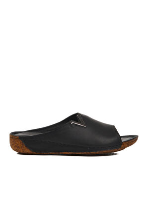 Aspor Siyah Hakiki Deri Kadın Düz Terlik