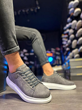 Pabucmarketi Erkek Günlük Ayakkabı Yüksek Taban Gri Süet (Beyaz Taban)