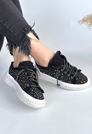 Pabucmarketi Siyah Kot Bağcıklı Kadın Spor Ayakkabı