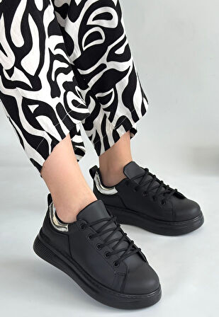 Pabucmarketi Siyah Suni Deri Bağcıklı Kadın Spor Ayakkabı