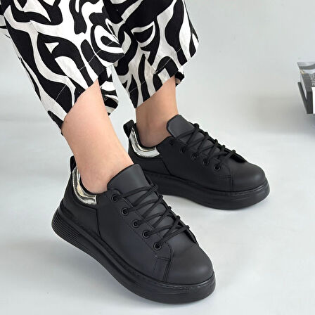 Pabucmarketi Siyah Suni Deri Bağcıklı Kadın Spor Ayakkabı