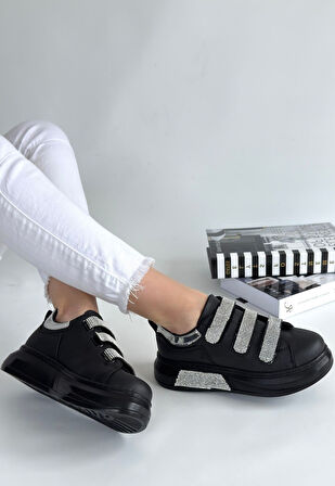 Pabucmarketi Siyah Suni Deri Cırt Cırtlı Kadın Spor Ayakkabı