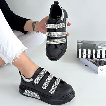 Pabucmarketi Siyah Suni Deri Cırt Cırtlı Kadın Spor Ayakkabı