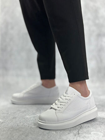 Pabucmarketi Bağcıklı Yüksek Taban Erkek Spor Ayakkabı BEYAZ (BEYAZ TABAN)