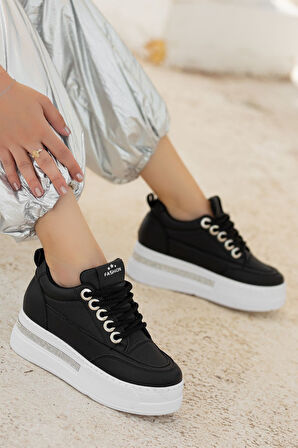 Pabucmarketi Siyah Suni Deri Beyaz Tabanlı Bağcıklı Kadın Spor Ayakkabı