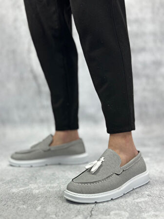 Pabucmarketi Bağcıksız Keten Püsküllü Erkek Klasik Ayakkabı FÜME (BEYAZ TABAN)