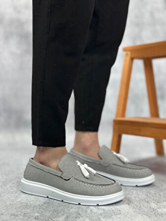Pabucmarketi Bağcıksız Keten Püsküllü Erkek Klasik Ayakkabı FÜME (BEYAZ TABAN)