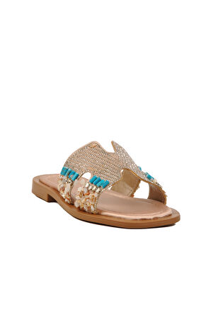 Aspor Bej Taş İşlemeli İnce Taban Hafif Kadın Terlik