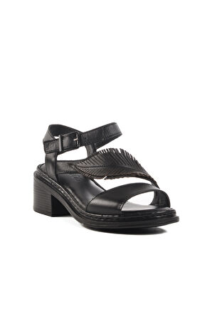 Venüs Siyah Hakiki Deri Kadın Topuklu Sandalet